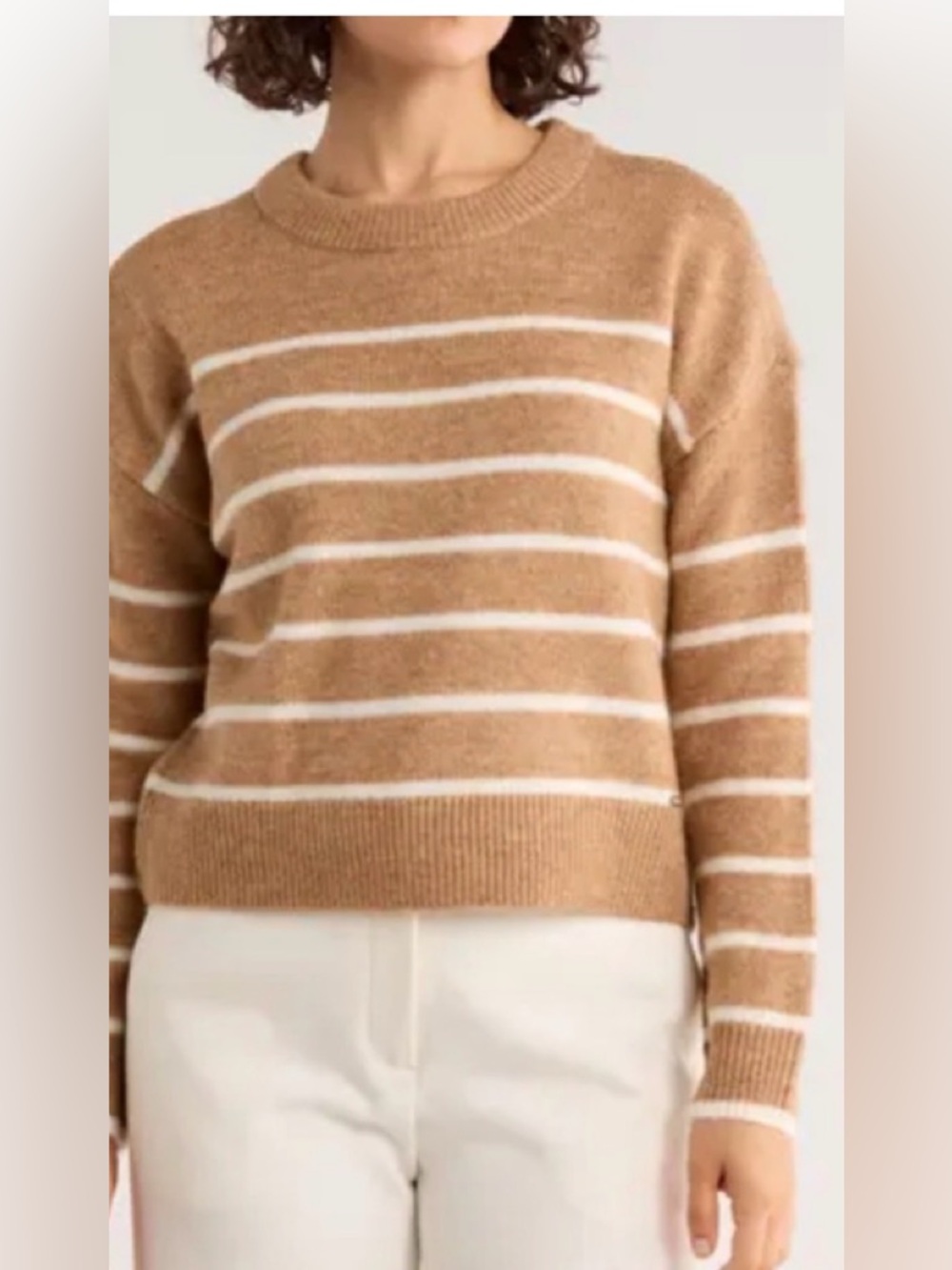 Jason Wu Camel and White Striped Crewneck Sweater sz M